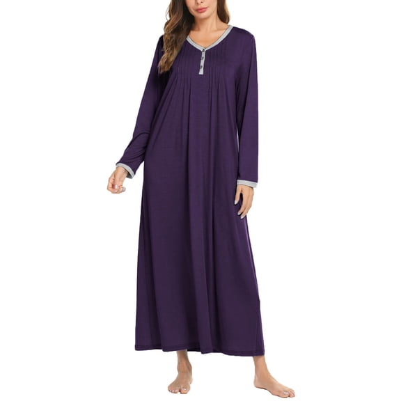Ekouaer Women Ultra Soft Nightgown Long Sleeve V Neck Sleepwear Henley Button Down Night Shirt