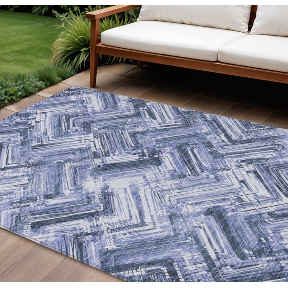 HomeRoots 579267 8 x 10 ft. Geometric Washable Indoor & Outdoor Rectangle Area Rug, Navy Blue & Sky Blue