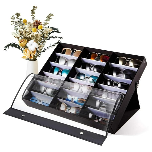 Organizador de Gafas de Sol, 18 Ranuras Caja de Exhibición de Gafas, Caja de Almacenamiento de Anteojos de Sol, para Exhibición y Coleccion, Soporte de Exhibición de Anteojos (Oscuro)