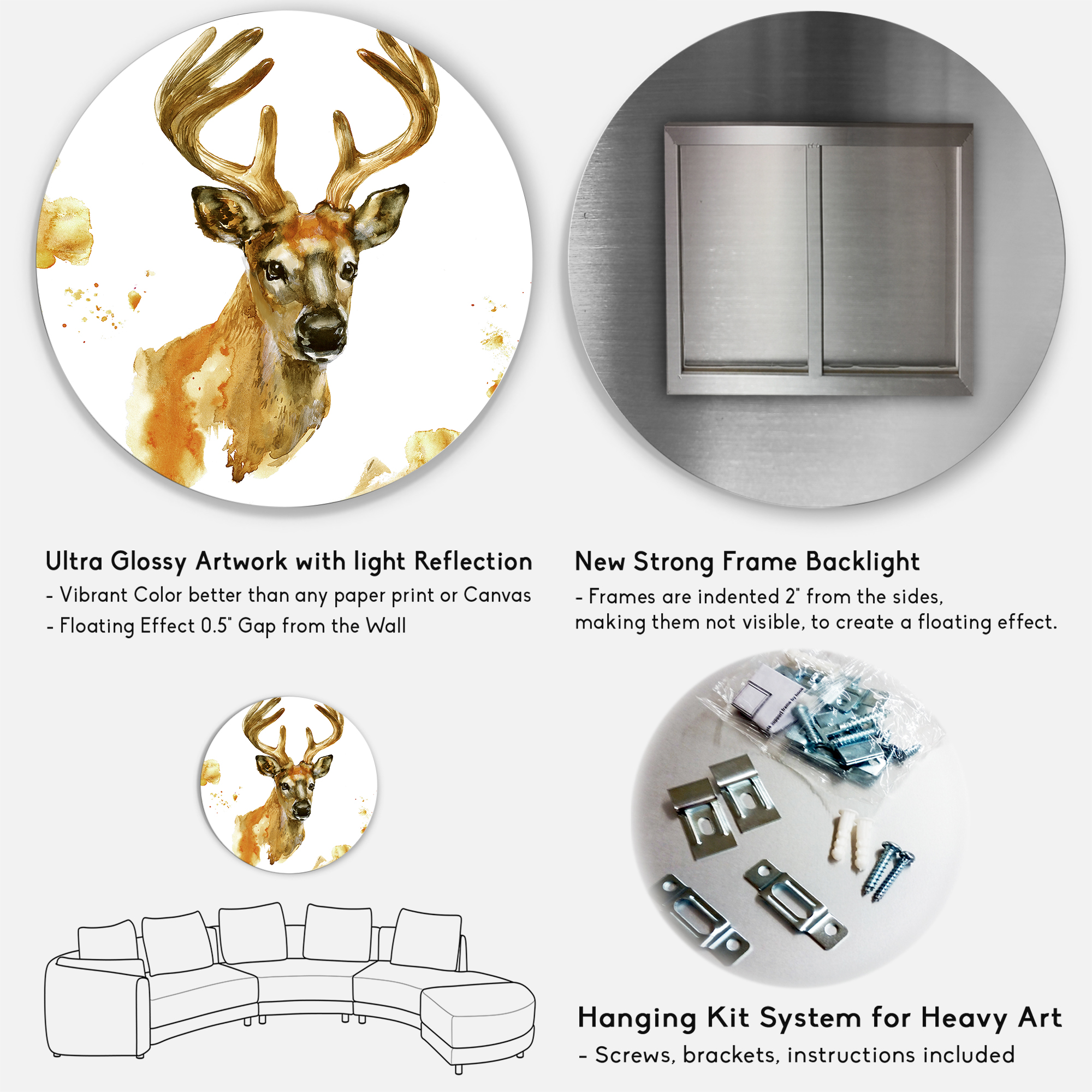 Designart 'Abstract Portrait Of Deer With Big Horns' Farmhouse Circle Metal Wall Art 29x29 - Disc of 29