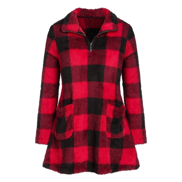 Bolsillos con cremallera de tela escocesa de talla grande Sudadera borrosa Rosegal Mangas largas de talla grande