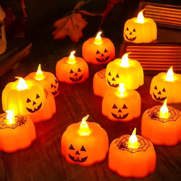 Flameless Pumpkin LED Tea Lights, Battery Operated, 12 Pack