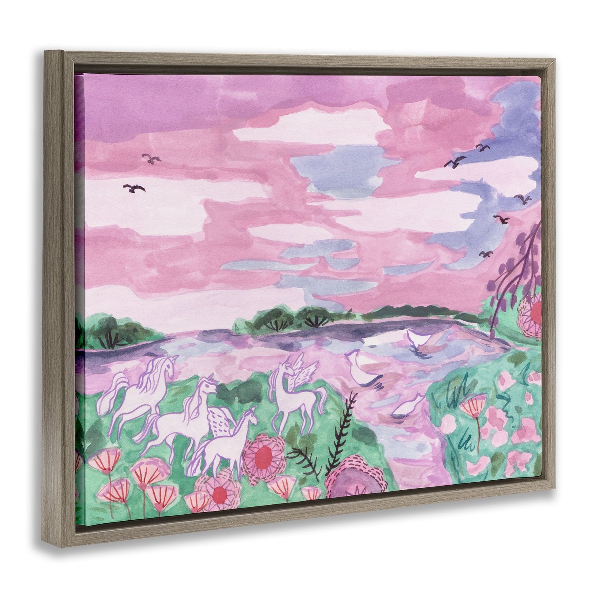 Stupell Industries Pastel Unicorns Landscape Fantasy & Sci-Fi Painting Brown Floater Framed Canvas Art Print Wall Art, 21 x 17