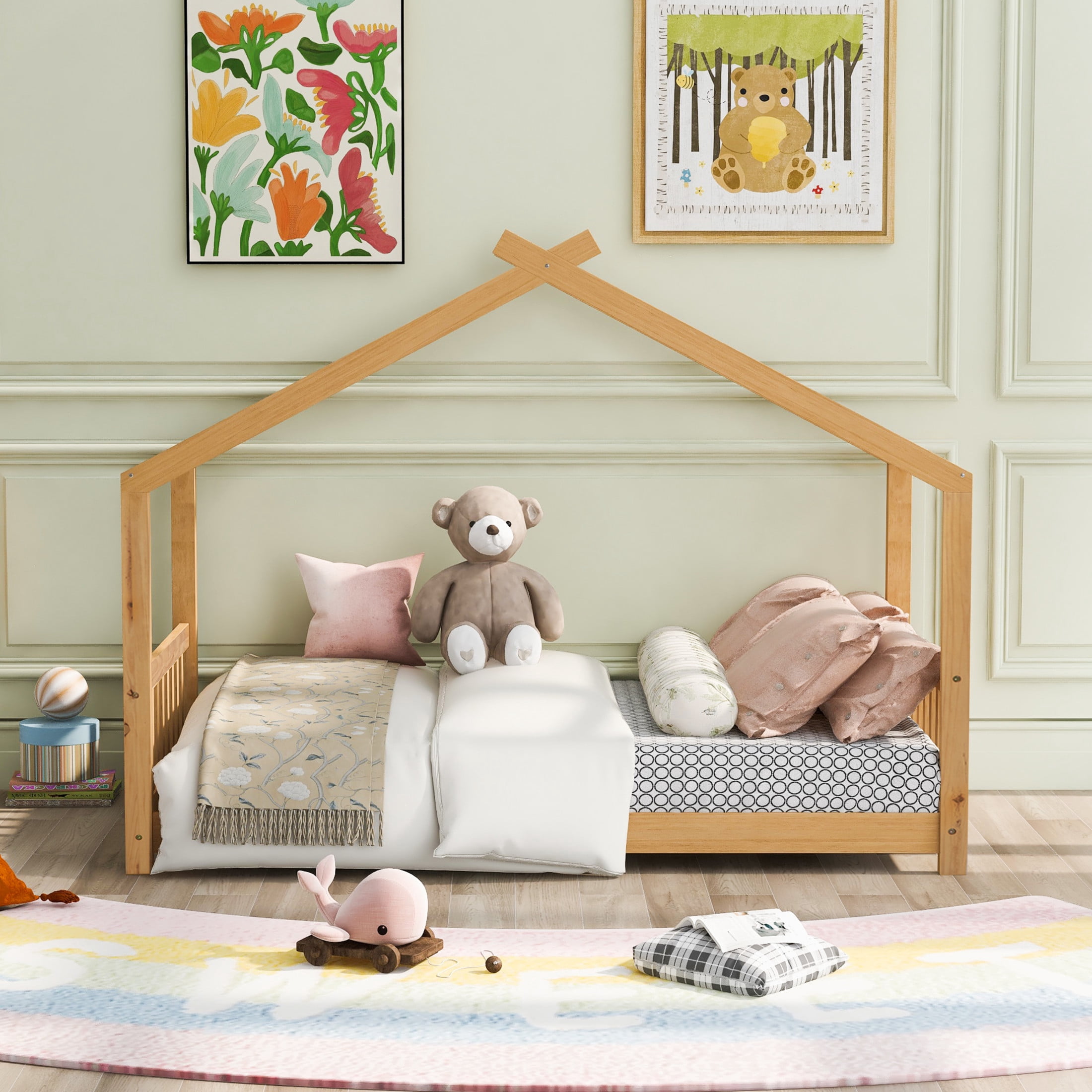 Noble House Lexie Twin White House Bed, Playful Roof Design Kids Platform Bed, Solid Pine Wood, Oak