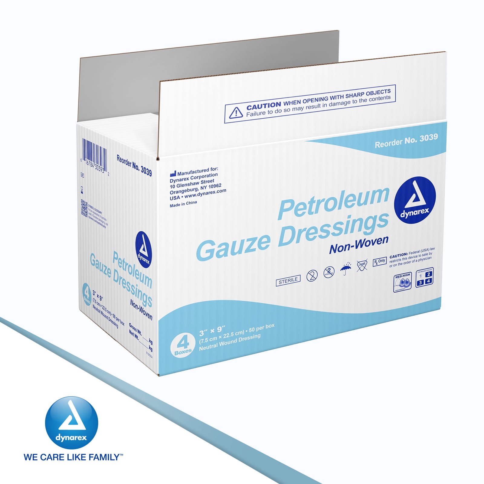 Dynarex Petroleum Gauze Dressings, 3" x 9", Sterile & Latex-Free, Non-Adherent Gauze Impregnated by Petroleum Jelly for Wound Care, Single Pouches, 1 Case of 200 (4 Boxes of 50)
