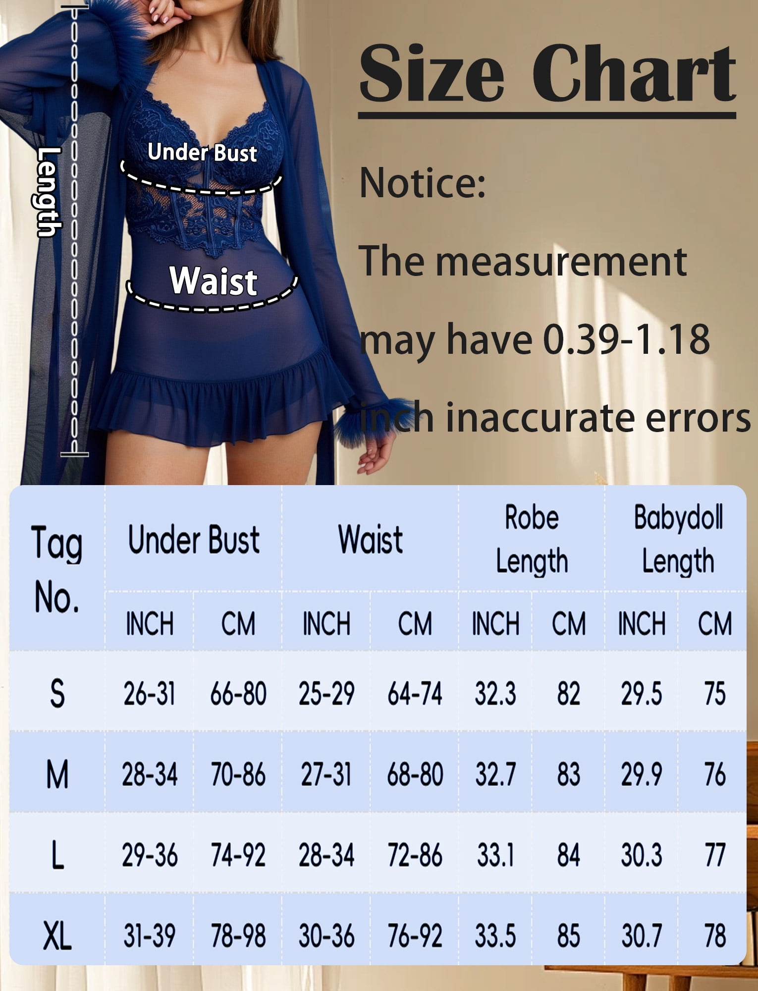 Aivtalk Lingerie Sets for Women Sexy 2 Piece Lace Mesh Kimono Robe Cami Nightgown Long Sleeve Robe Sheer Ruffled Babydoll Strap Chemise Sleepwear Pajamas Sets Blue S