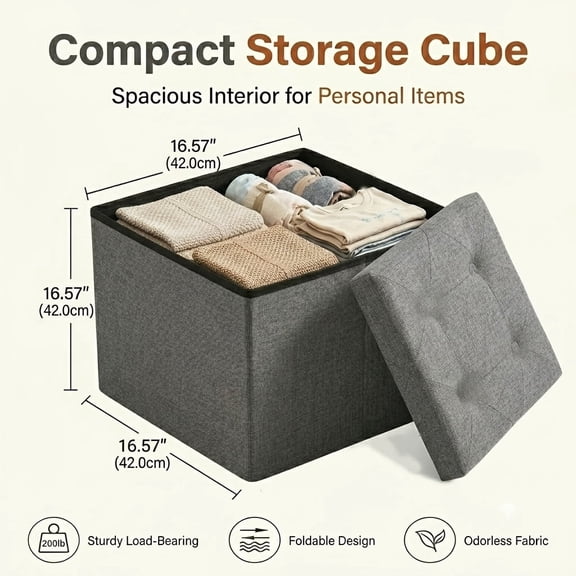15" Storage Ottoman Bench, Folding Ottoman Foot Rest, Storage Chest with Thicker Seat, Storage for Blankets in Living Room, Entryway, Bedroom, Grey