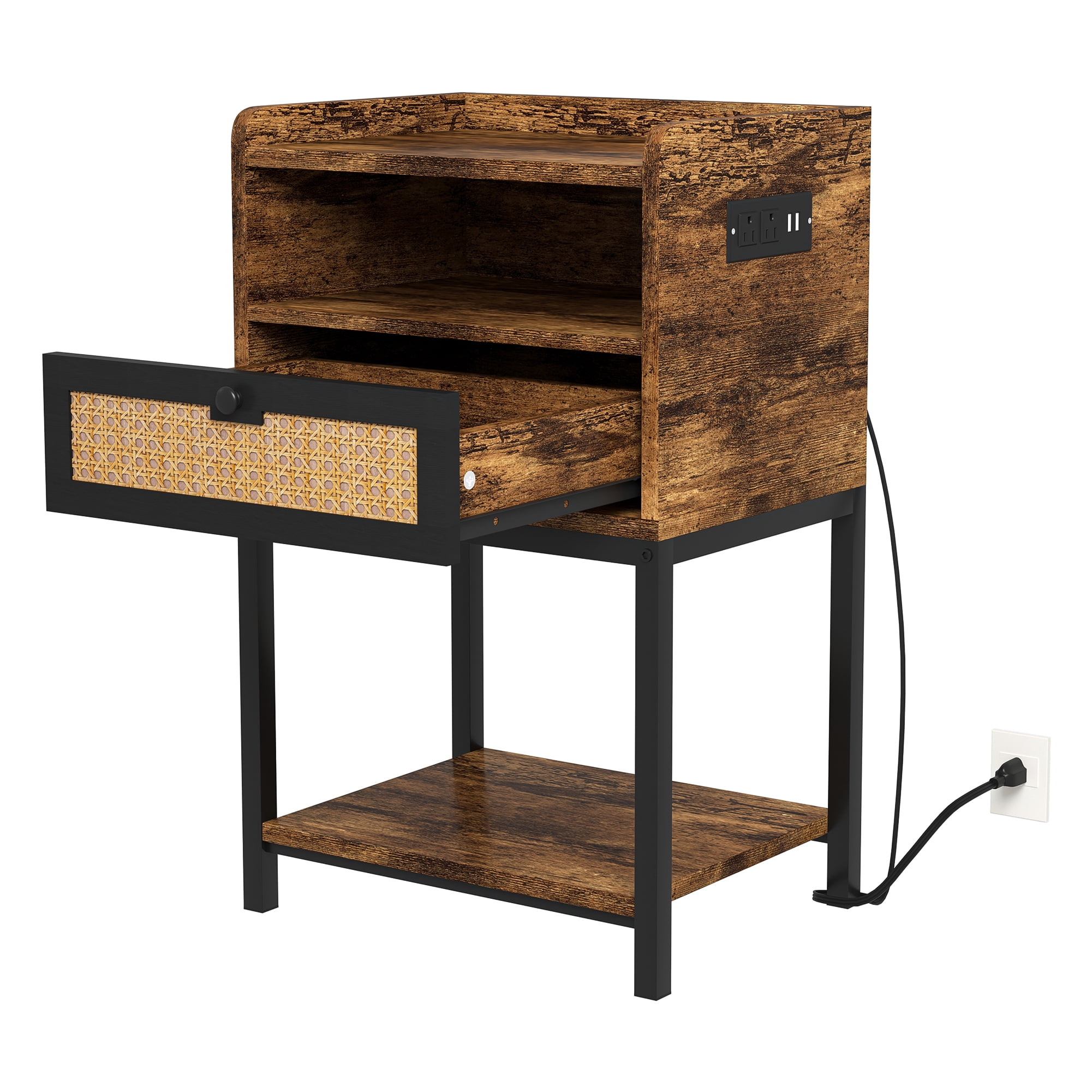 Hommoo 3-Tiers Storage Nightstand, Bedside Table with Charging Station and USB Ports, End Tables for Bedroom, Rustic