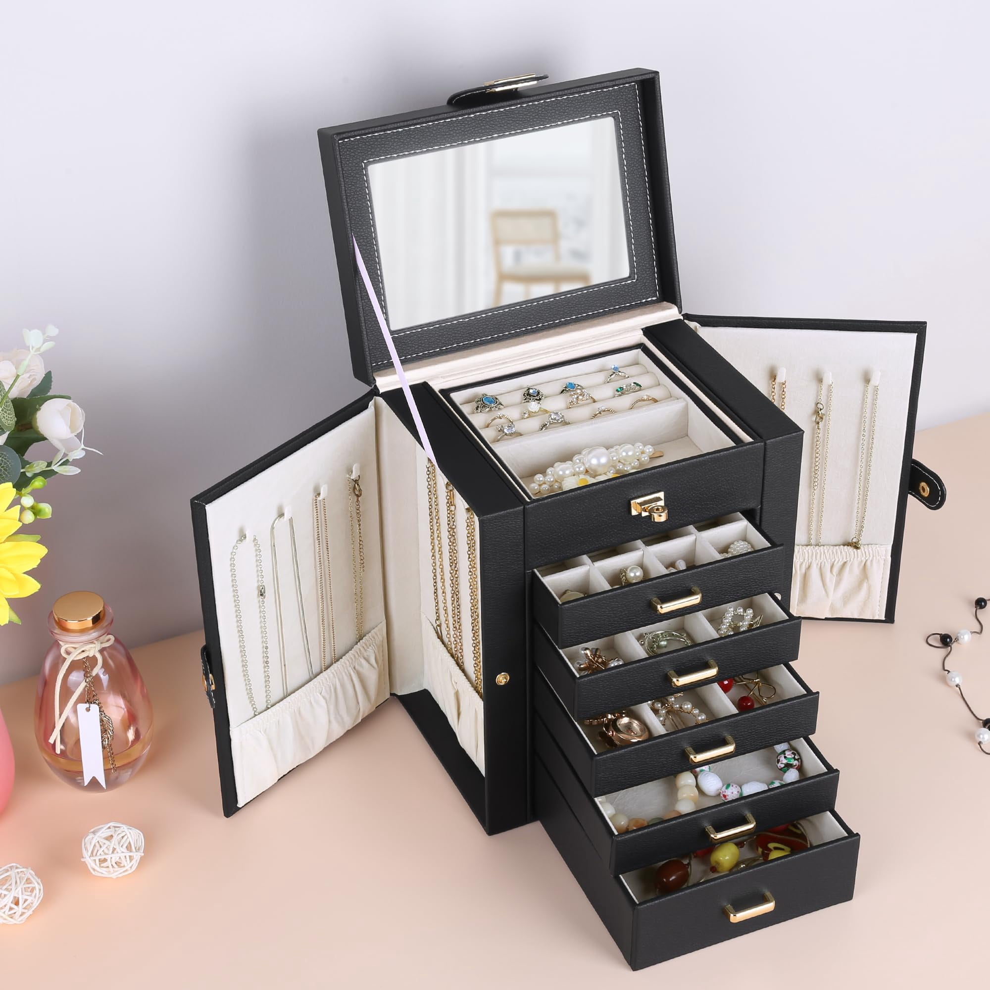 Kendal Jewelry Box, 6-Layer Jewelry Storage Organizer for Necklace Bracelet Rings Watch, 10.2"x8.2"x6" Classic Black PU Leather 5 Drawers Large Storage Capacity with Mirror