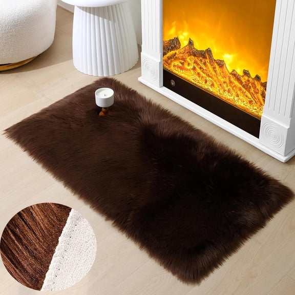 Fluffy Brown Plush Area Rugs 20 x 32inch Faux Fur Sheepskin Soft Comfortable Shaggy Carpet for Bedroom Living Room Nursery Floor Mat