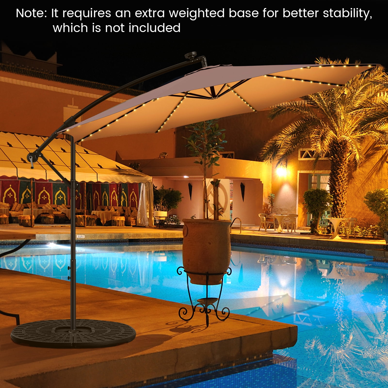 Topbuy 10FT Solar Offset Umbrella Tilted Cantilever Umbrella with 112 LED Lights Lighted Patio Sun Shade with Crank Handle Beige