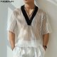 thumbnail image 2 of INCERUN Tops 2024 estilo coreano sexy para hombre a rayas con cuello en V transparente camisetas casuales ropa de calle fina de media manga camiseta S-5XL, 2 of 5