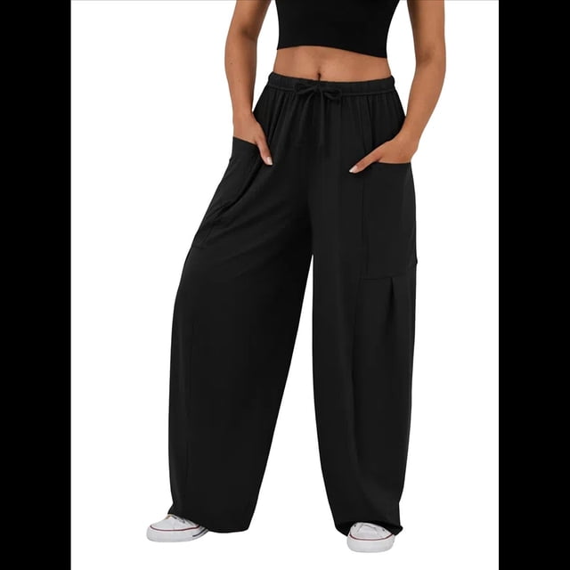 Pantalones Bombachos Holgados de para Mujer, Pantalones Casuales de Verano con Cordón, Ropa de Viaje con Bolsillos 2025 Negro L