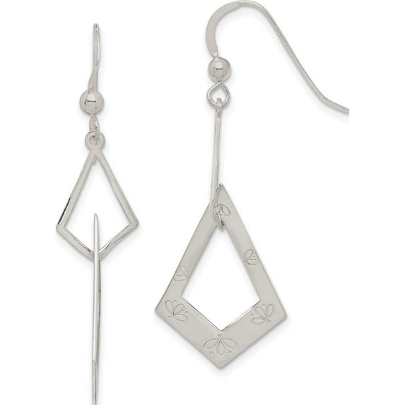 Sterling Silver Polished Kite-Shaped With Flowers Dangle Earrings (45.5 X 16.5) Made In India qe15127