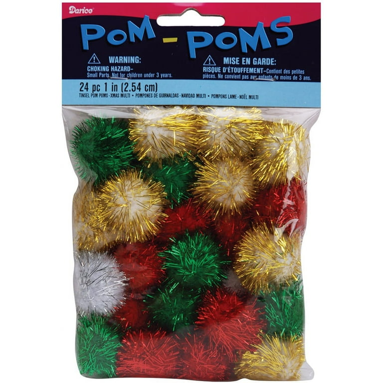 50 x CHRISTMAS POMPOMS Glitter Tinsel Pom Poms Red White Green