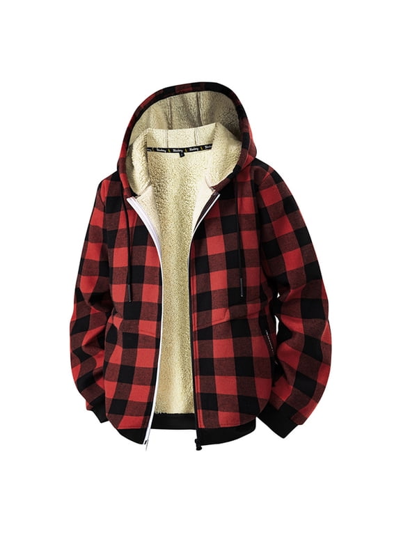 Men's Plaid Shirts Jacket Long Sleeve Drawstring Fleece Lined Flannel Shirt Button Down Coat Hoodies With Pocket (XL, Red)