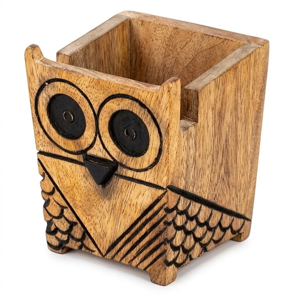 STORE INDYA Owl Eyeglass Stand & Pen Holder, Hand Carved Mango Wood Desk Organizer
