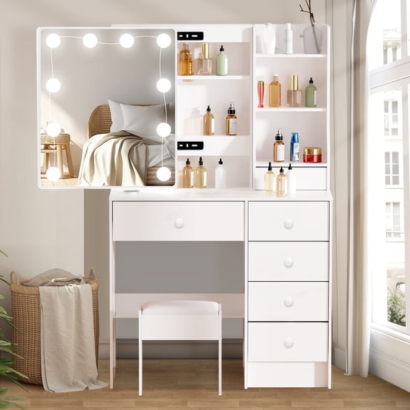 Teousev Makeup Vanity Table with 3 Color Lights, Modern Vanity Set with Sliding Mirror, 6 Drawers Dressing Table Makeup Desk with Stool, White