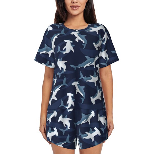 Balery Cute Shark Conjunto de Pijama para Mujer con Estampado, Dos Piezas de Manga Corta y Shorts, Ropa de Dormir Suave con Cuello Redondo y Bolsillos-4X-Large