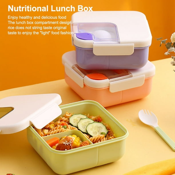 Lunch Box Compartments Portable Office Square Oven Food Kids Snack Adults  Container Sealing Plastic Carrying Kitchen Organizer with Spoon Pink