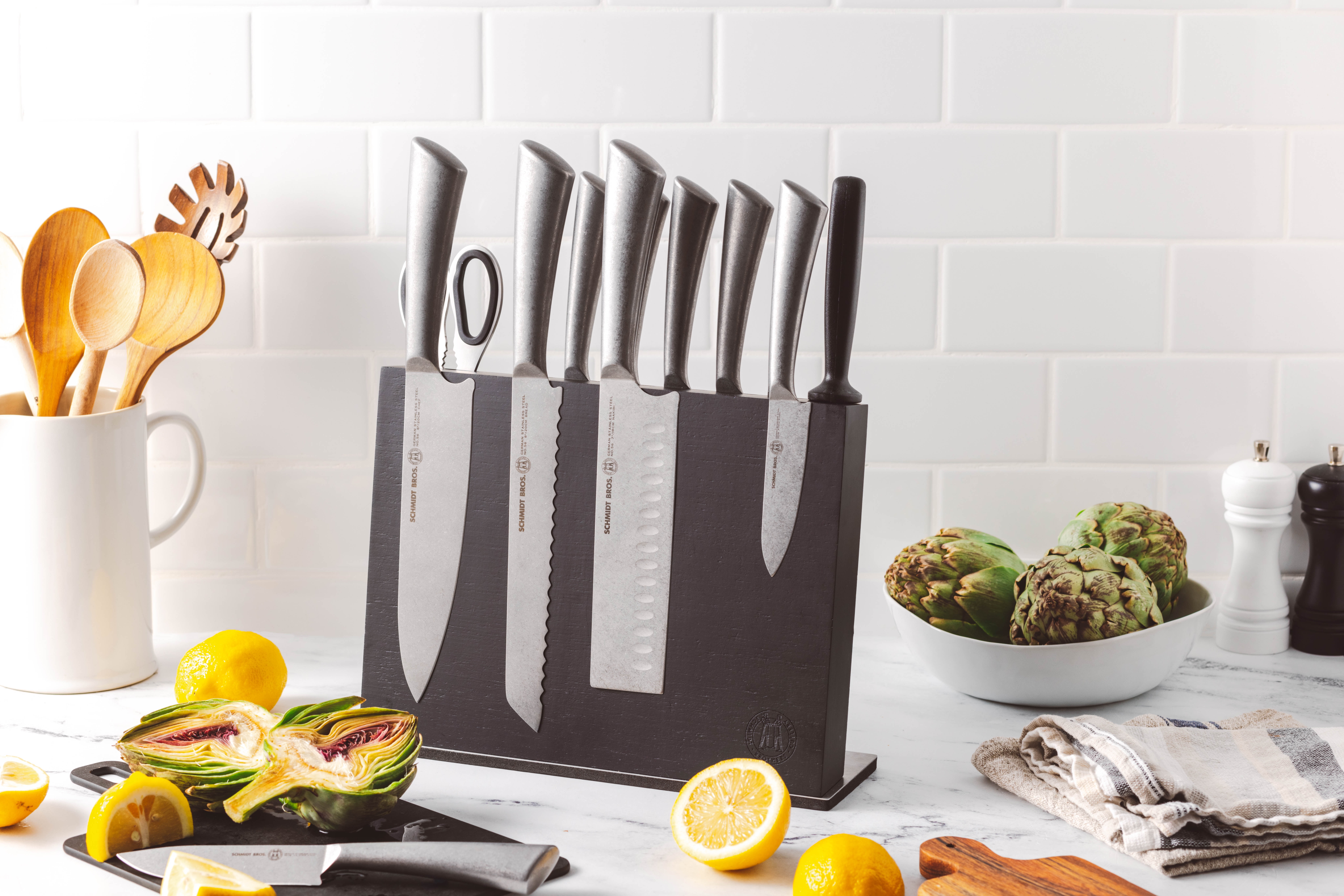 Schmidt Brothers Cutlery 14 PC Professional Series Forged Stainless Steel Knife Block Set; White Handles; Premium German Stainless Steel