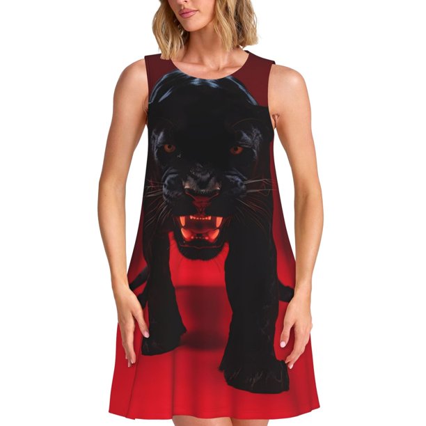 Easygdp Panther Red Background para Vestido Transpirable de Mujer, Vestido Suelto de Manga Corta con Pliegues y Bolsillos para el Verano