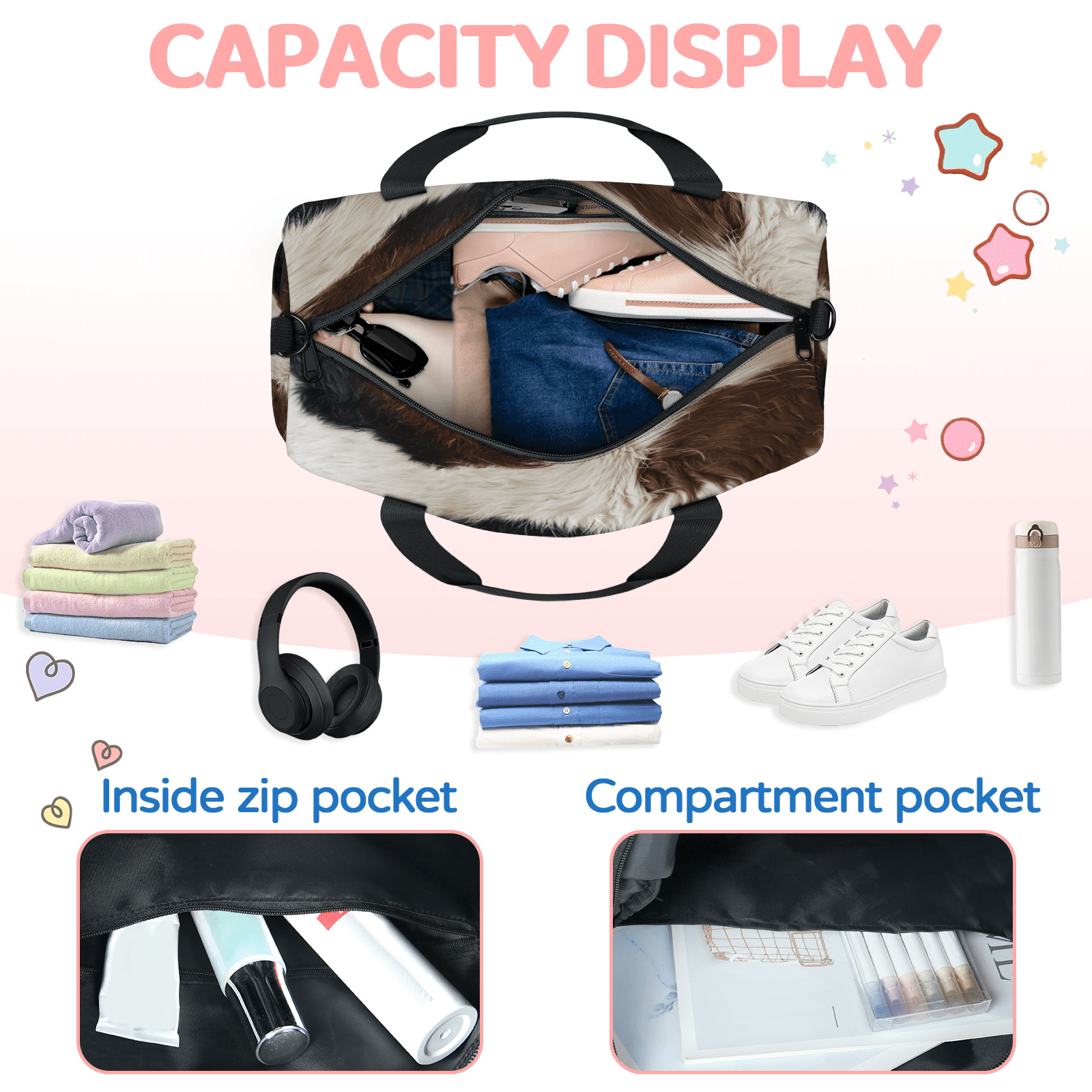 Herdesigns Brown Cow Travel Duffle Bag Sports Yoga Weekender Overnight Carry on Workout Bags Lightweight Waterproof Gym Tote Bag for Women