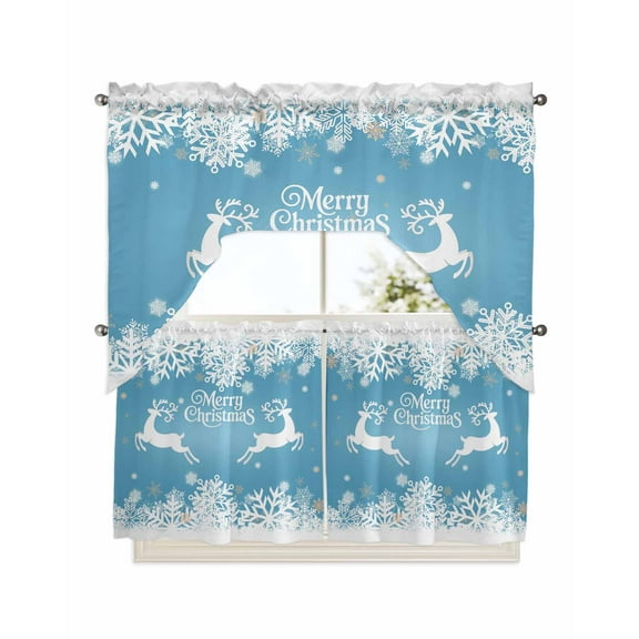 Blue Christmas Kitchen Curtains Swag Valance and Tier Curtains Set 24 Inch Length, Elk Xmas Snowflake Winter Deer Rod Pocket Drape Panels Pair Swag Curtains for Bathroom/Cafe/Window