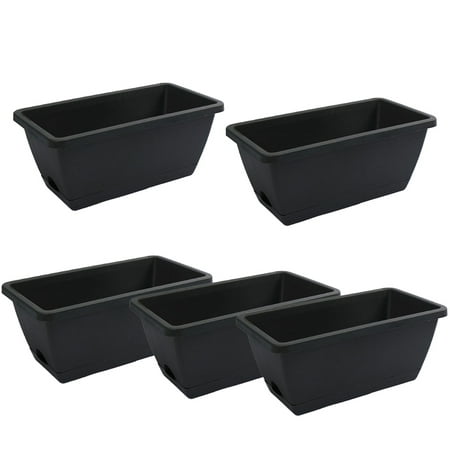 Window Box Planter Plastic: 5PCS Rectangle Flower Planter Box Windowsill Planter Flower planter box color: Black Plant window box material: Plastic Windowsill planter single size: Top length: 36cm(14.17in)  bottom length: 26cm(10.23in)  width: 19cm(7.48in)  height: 14.5cm(5.71in)  capacity: 7L(1.85gal) Package includes: 5 x Window box planter 1(pack) x Seed 1(pack) x Fertilizer 1(set) x Tool Note: - Plant is not included. - Please refer to the measurement. Tiny measuring error is allowable in normal range. - There might be a little color difference due to the monitor  camera or other factors  please refer to the physical item.