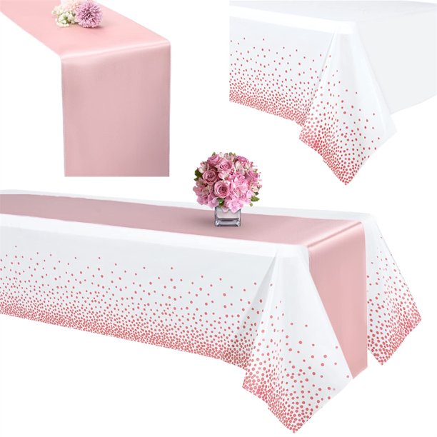 Pesonlook Plastic Tablecloth and Satin Table Runners Set,4 Pack 54" x