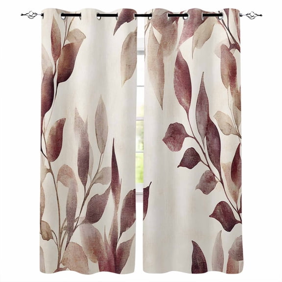 Eucalyptus Leaves Blackout Curtains 45 Inches Long for Bedroom, Brown Spring Botanical Aesthetic Thermal Insulated Room Darkening Black Out Window Curtain Panels Grommet Drapes for Living Room