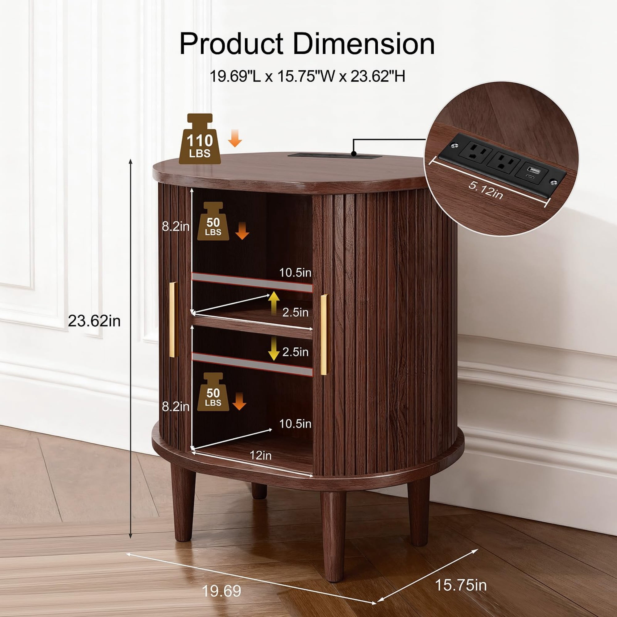 Mid Century Modern Nightstand Set of 2 with Charging Station, Fluted Side Table with Sliding Door & Adjustable Shelf, Coffee