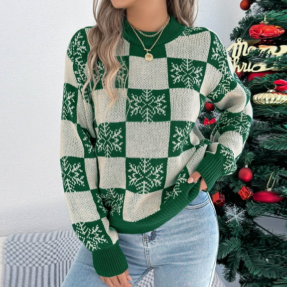 Dgankt Sweaters for Women Fall and Winter Christmas Plaid Lantern Long Sleeve Pullover Sweater Top,Size S-L
