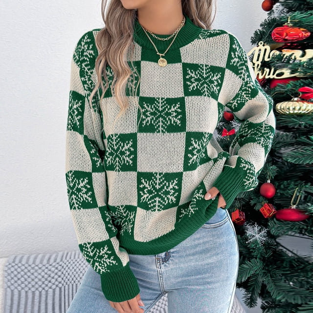Suéter de cuello redondo para mujer, otoño e invierno, con farol navideño a cuadros, manga larga, top acrílico para mujer