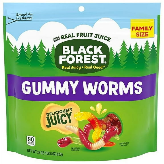Pack of 1 Black Forest Gummy Worms Candy, Made With Real Fruit Juice, Resealable Bag, 22 Ounce