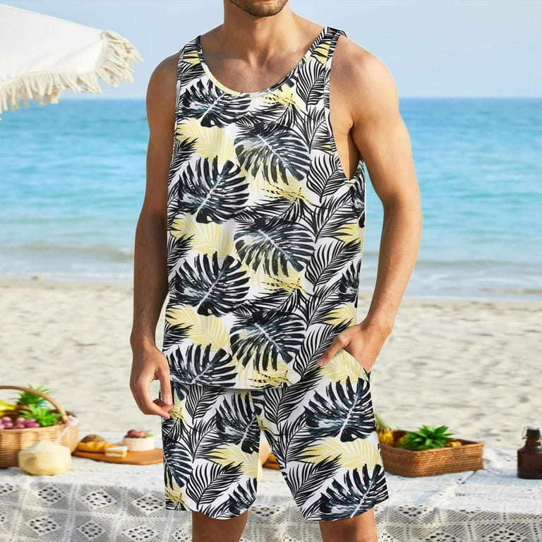 Tuxedo Nightgown Mens Summer Casual Floral Tank Top Hawaiian