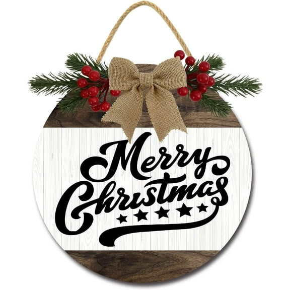 Eveokoki 12" Merry Sign Christmas Decoration， Wooden Christmas Wreaths for Front Door Christmas Decor for Home Wall Farmhouse Holiday Outdoor Indoor