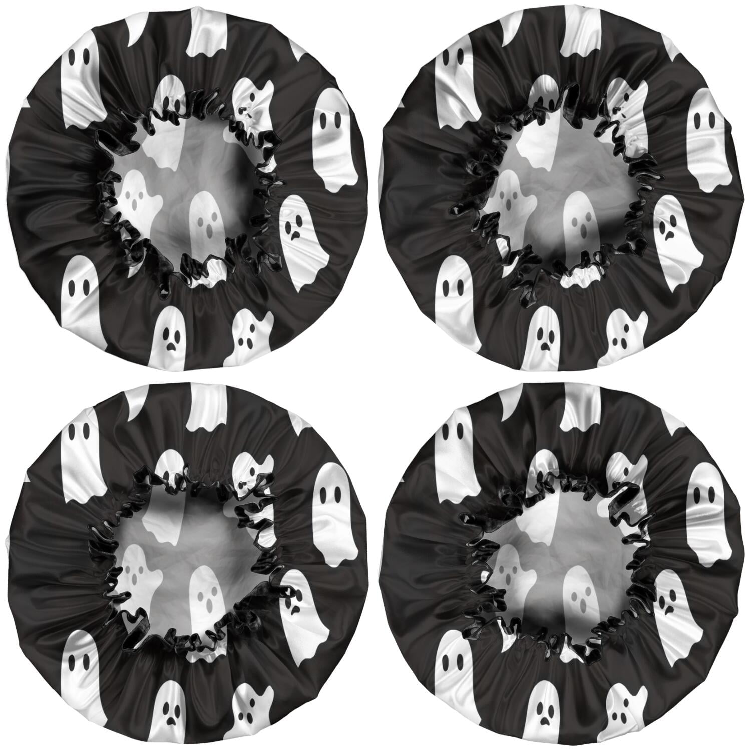 Shower Caps,Black Halloween Ghosts Waterproof Shower Cap for Women 4 Pieces,Double Reusable Hair Cover for Shower PEVA Elastic Stretch Hem