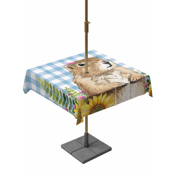 Outdoor Tablecloth with Umbrella Hole for Patio/Picnic/Party/Camping, Groundhog Day Waterproof Table Cloth Square Cover Washable, Blue Plaid Sunflower Spring Floral (60"x 60")