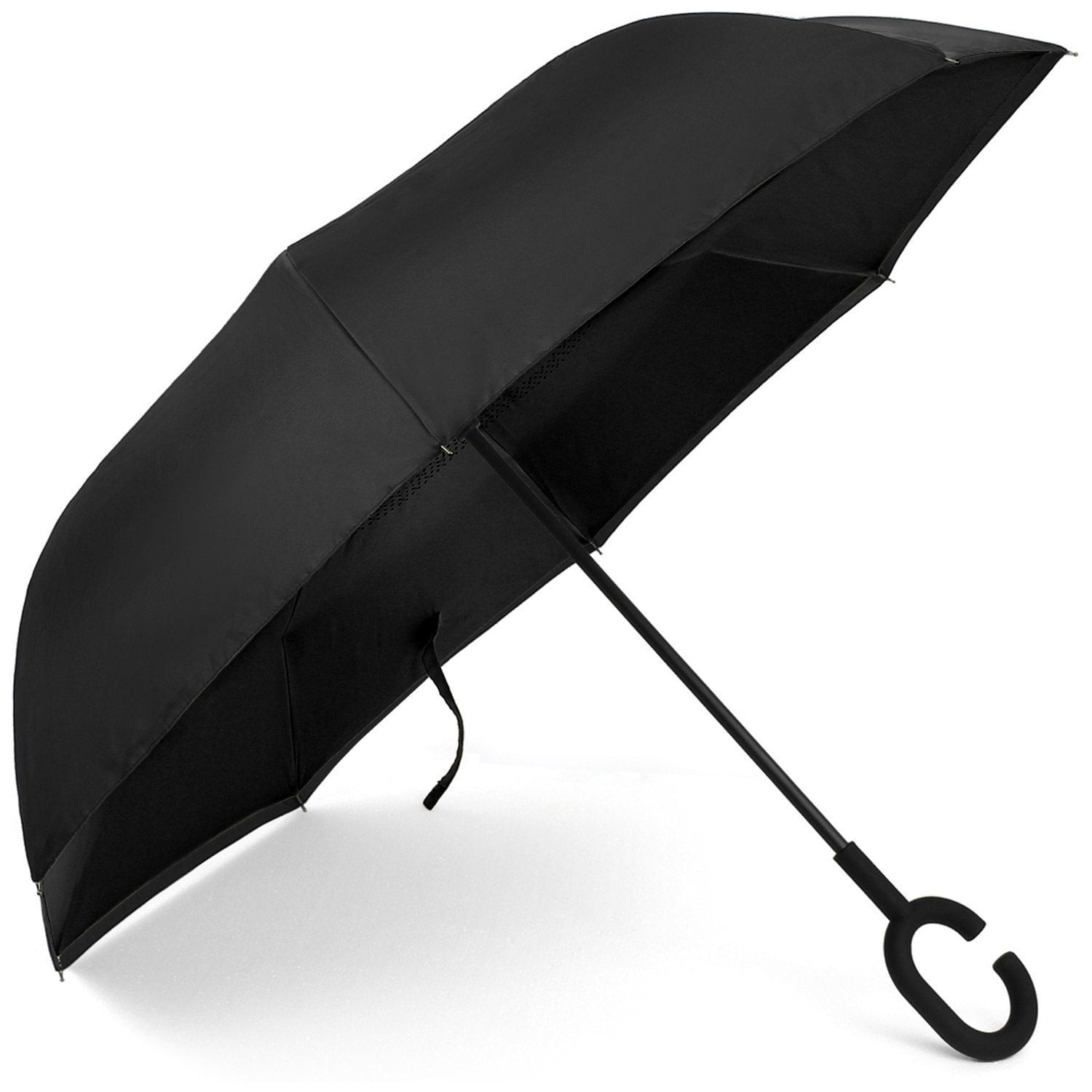 Classy Inverted Reverse Close Umbrella Carrying Bag Included Easy Auto-Open Self-Standing with Hands Free C-Shaped Handle Double Layer with Safety Reflective Strip.Color-Black Outside/Black Inside 