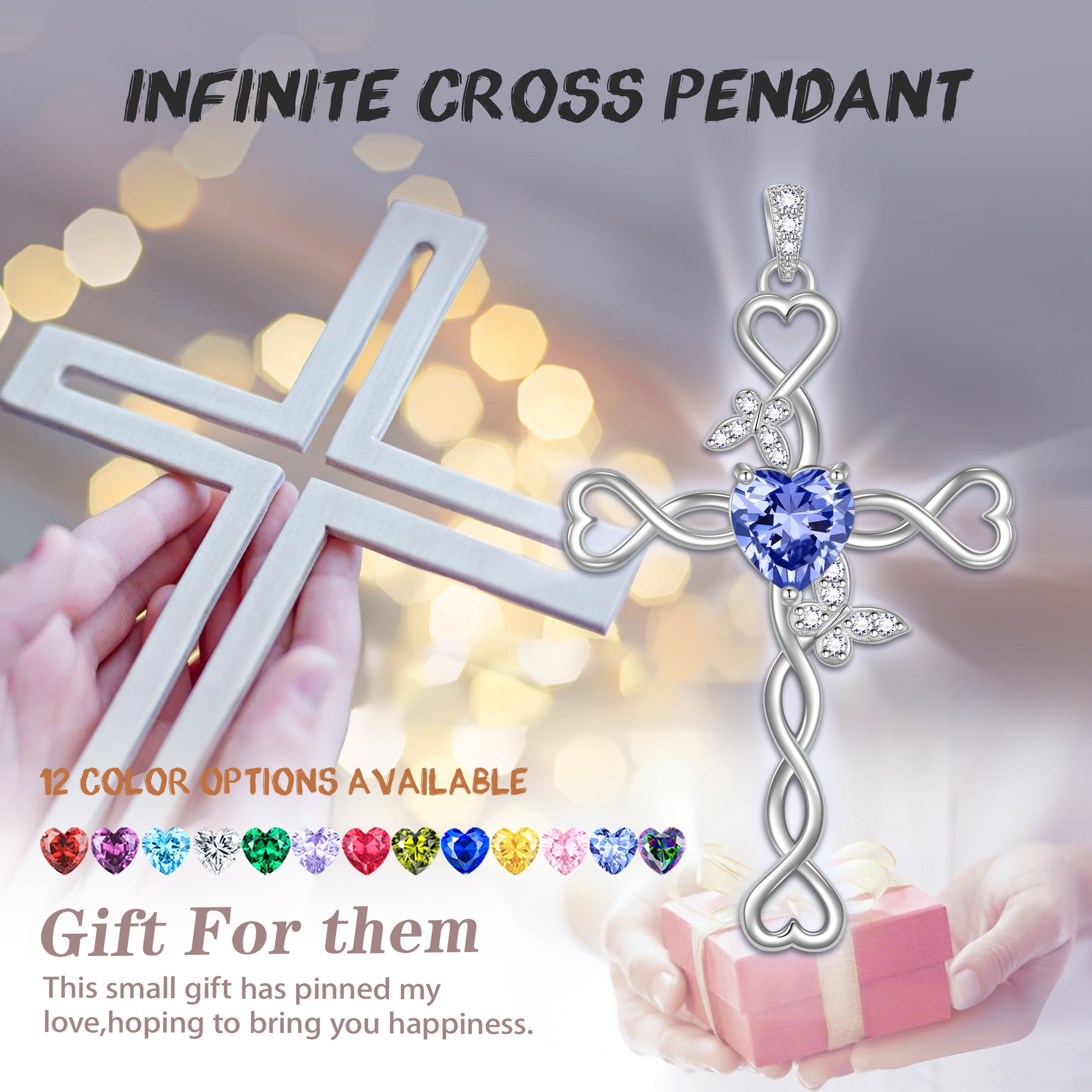 Beautlace 925 Sterling Silver Cross December Tanzanite Heart Birthstone Necklace,Butterfly Pendant Necklace Jewelry Birthday Christmas Gifts for Women/ Wife /Lover