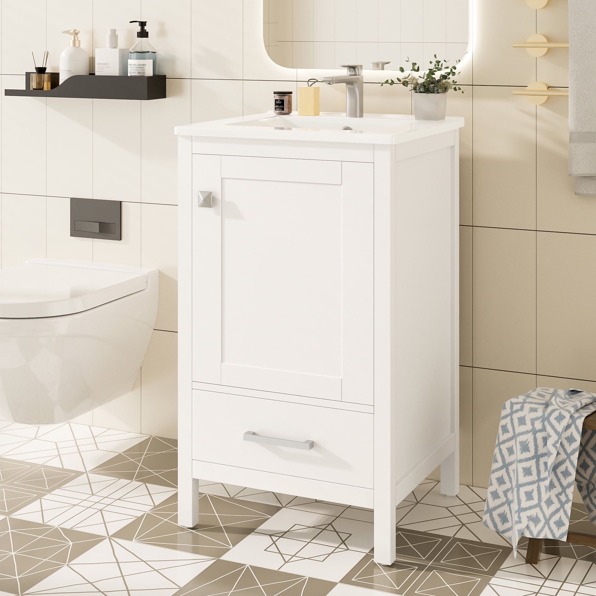 Euroco 20-Inch Modern Bathroom Vanity with Ceramic Sink, Soft-Close Drawer & Door, Double-Layer Door Organizer, Divider Drawer, Adjustable Foot Pads