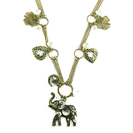 Linked Long Necklace - Elephant Heart Cloves Key Crystal Charms Long Necklace