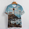 thumbnail image 3 of Lighthouse Sunrise Coast Scenery Pale Blue Tan Women's Short Sleeve Tops Casual Blouses T Shirt, 3 of 6