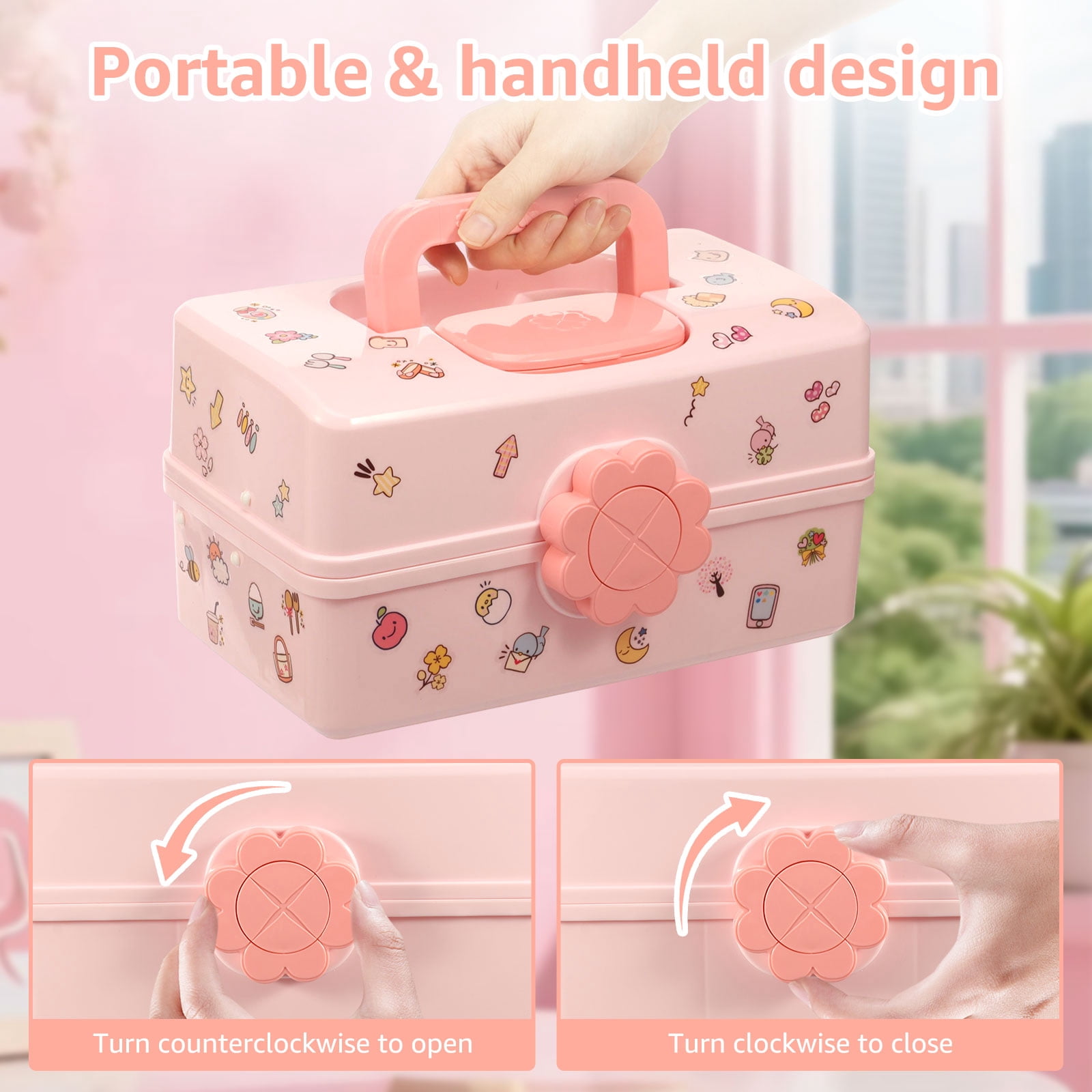Threns Hair Accessories Organizer for Girls,3-Layers Pink Craft Storage Container with Handle,Lockable Storage Box for Hair Clip,Headband,Scrunchie,Cosmetic,Sewing Kit