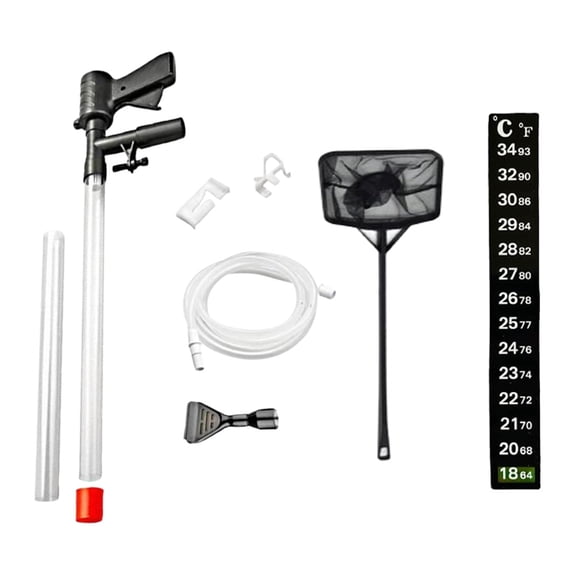 Aquarium Gravel Cleaner with Water Changer & Thermometer, 2025 Edition Fish Tank Vacuum Cleaner Kit with Fish Net for Sand & Gravel Cleaning