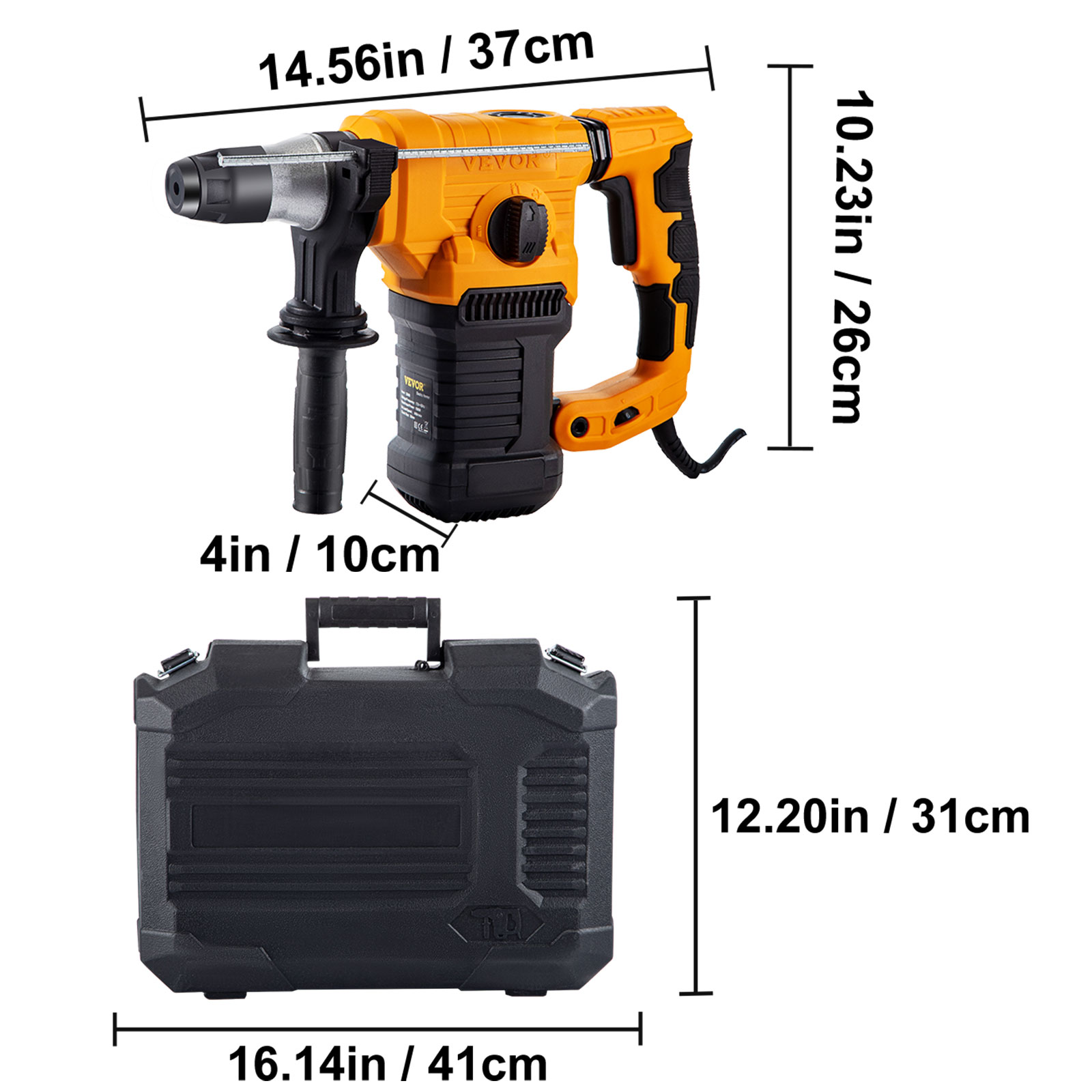 VEVOR 8 Amp SDS-Plus Rotary Hammer Drill – 1" Capacity – 4 Functions: Drill, Hammer, Hammer Drill & Chisel – With Safety Clutch – 800W Motor – Includes 3 Bits & Case