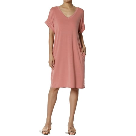 Blue Check Dress - TheMogan Women's S~3X Jersey Cuffed Short Sleeve V-Neck Boxy Pocket T-Shirt Dress