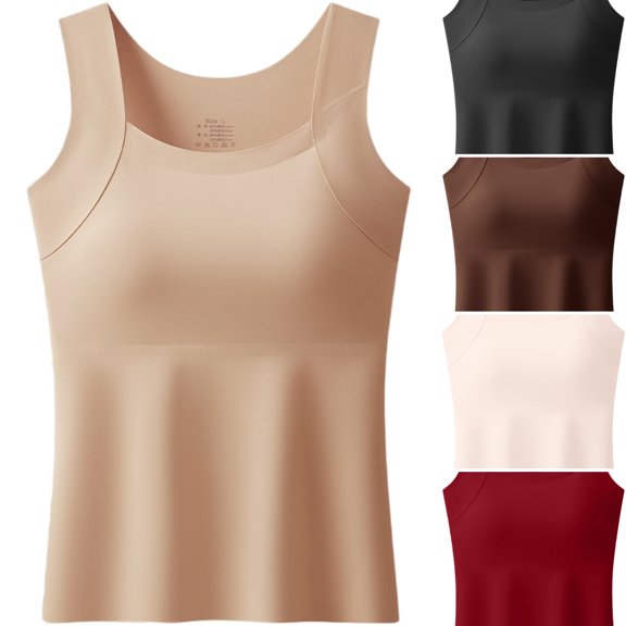 WULMLEO Women's Tank Tops Solid Wide Strap Sleeveless Camisole Seamless Stylish Lightweight Top Slim Fit Comfy 2026 Underwear with Built-In Bra Pads Beige M