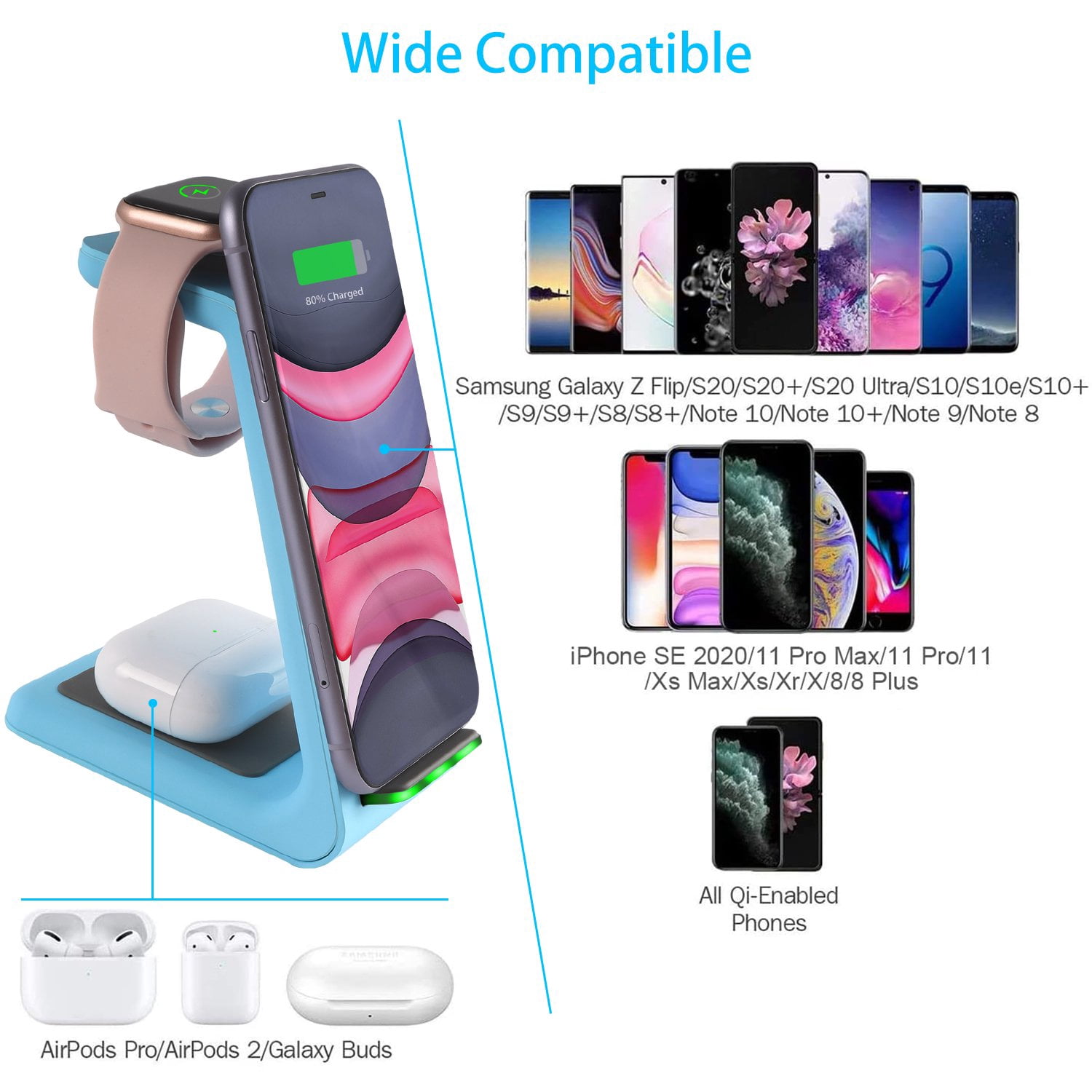 Sunffice Wireless Charger Stand 3 in 1 Qi Fast Wireless Charging station Interface for Apple Watch7/SE/6/5/4/3/2, Airpods Pro/3/2, iPhone Blue